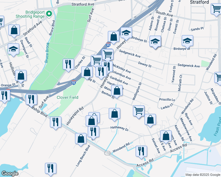 map of restaurants, bars, coffee shops, grocery stores, and more near 68 Masarik Avenue in Stratford