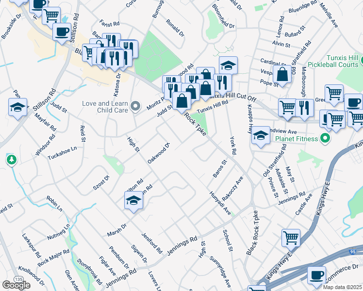 map of restaurants, bars, coffee shops, grocery stores, and more near 111 Boroskey Drive in Fairfield