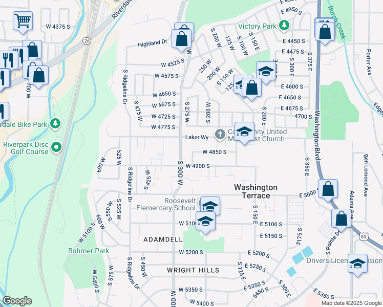map of restaurants, bars, coffee shops, grocery stores, and more near 4868 South 300 West in Washington Terrace