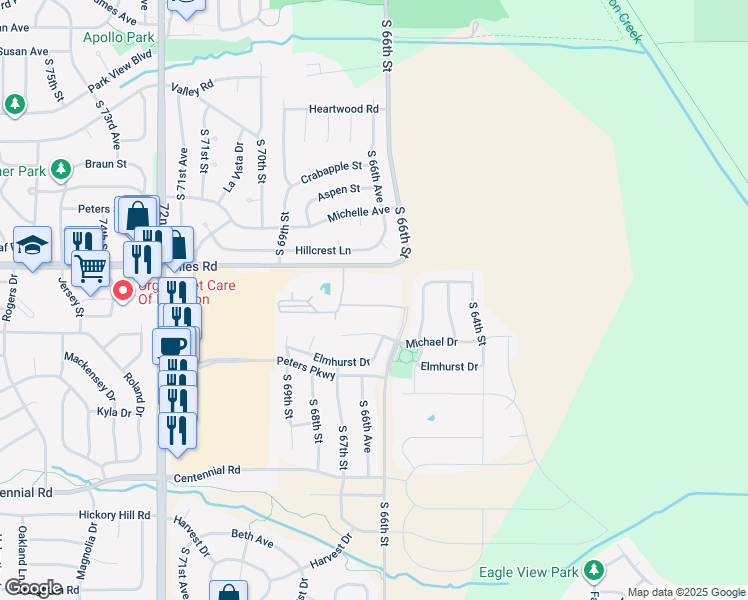 map of restaurants, bars, coffee shops, grocery stores, and more near 6711 Giles Road in Papillion