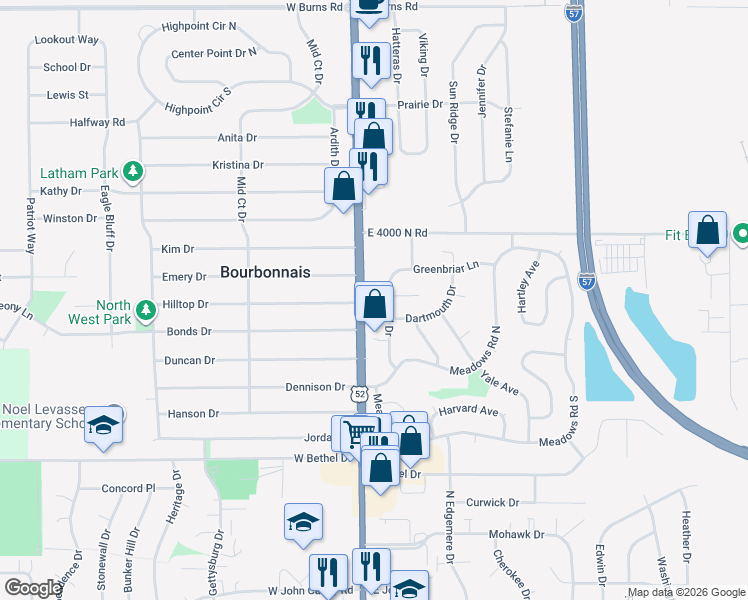 map of restaurants, bars, coffee shops, grocery stores, and more near 1250 North Convent Street in Bourbonnais