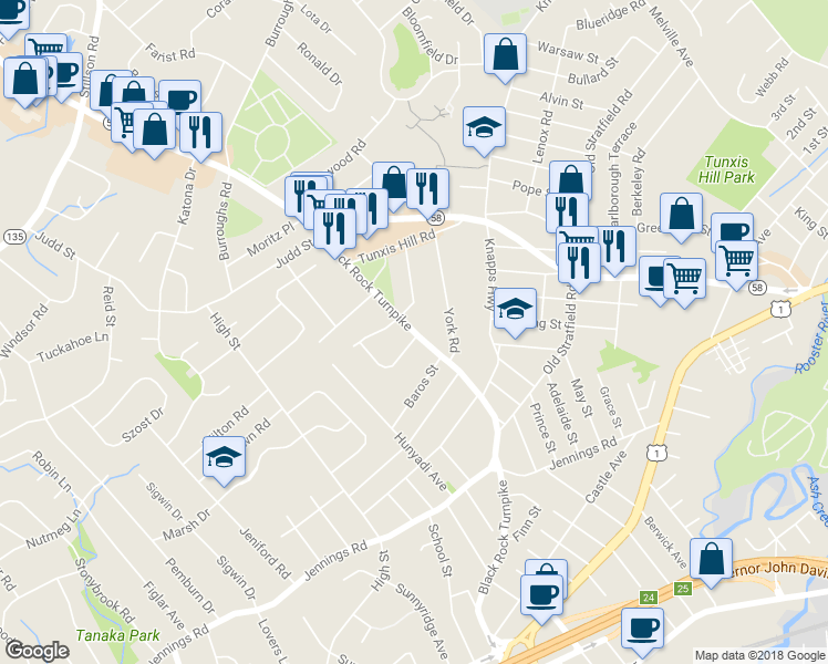 map of restaurants, bars, coffee shops, grocery stores, and more near 1265 Black Rock Turnpike in Fairfield
