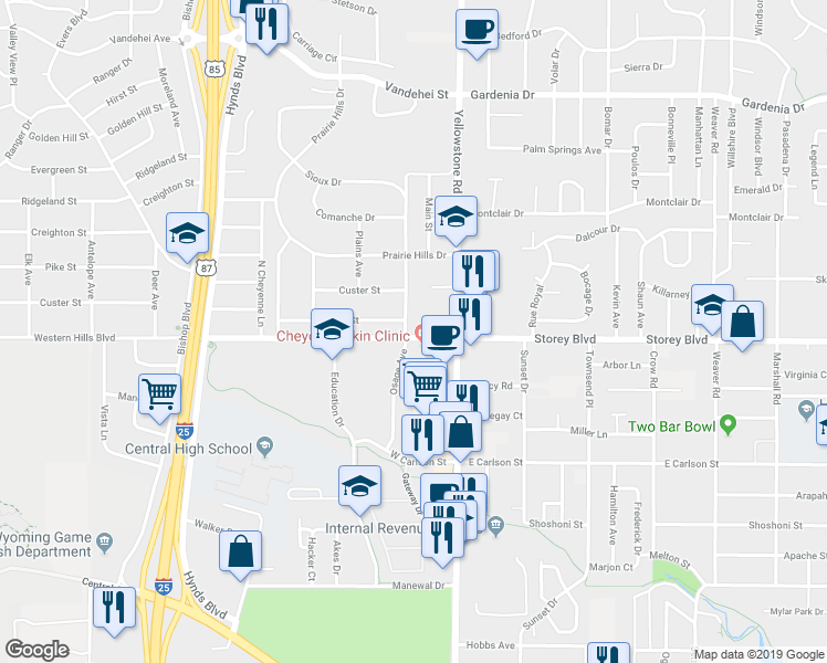 map of restaurants, bars, coffee shops, grocery stores, and more near 144 Western Hills Boulevard in Cheyenne