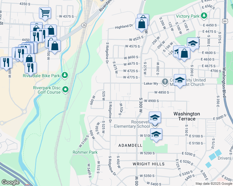 map of restaurants, bars, coffee shops, grocery stores, and more near 4802 South 450 West in Washington Terrace