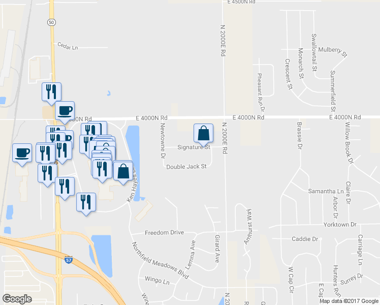 map of restaurants, bars, coffee shops, grocery stores, and more near 852 Signature Street in Bourbonnais