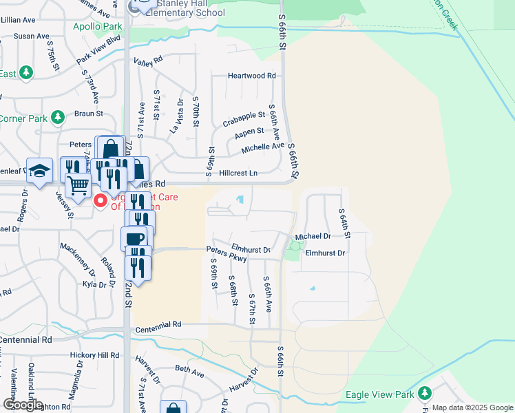 map of restaurants, bars, coffee shops, grocery stores, and more near 6711 Giles Road in Papillion