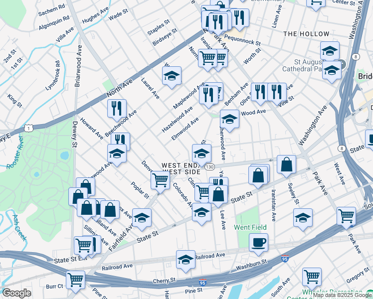 map of restaurants, bars, coffee shops, grocery stores, and more near 91 Elmwood Place in Bridgeport