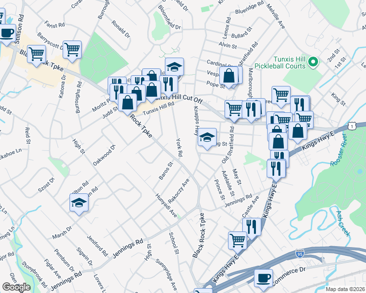 map of restaurants, bars, coffee shops, grocery stores, and more near 214 York Road in Fairfield