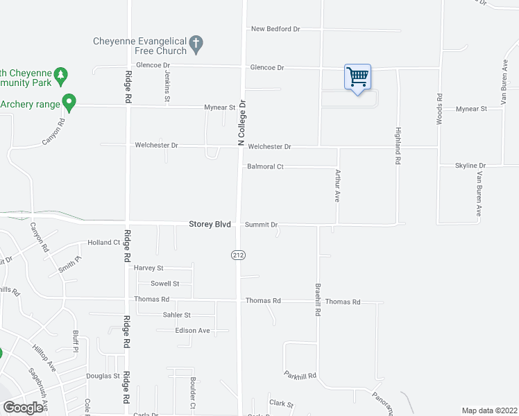 map of restaurants, bars, coffee shops, grocery stores, and more near 6117 North College Drive in Cheyenne