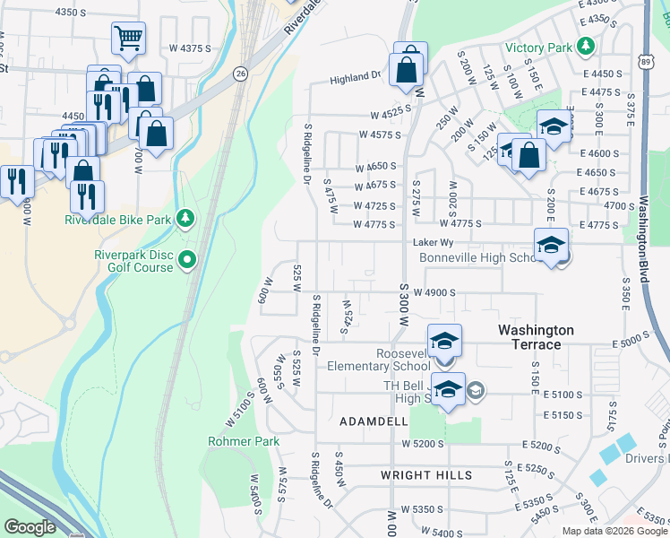 map of restaurants, bars, coffee shops, grocery stores, and more near 4868 South Ridgeline Drive in Ogden