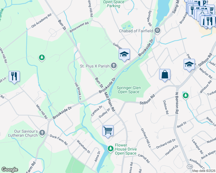 map of restaurants, bars, coffee shops, grocery stores, and more near 1001 Brookside Drive in Fairfield