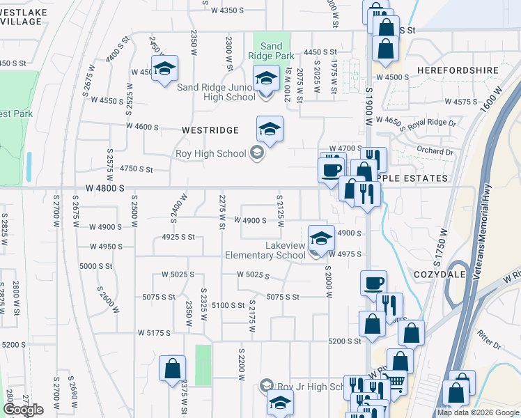 map of restaurants, bars, coffee shops, grocery stores, and more near 2155 West 4850 South in Roy