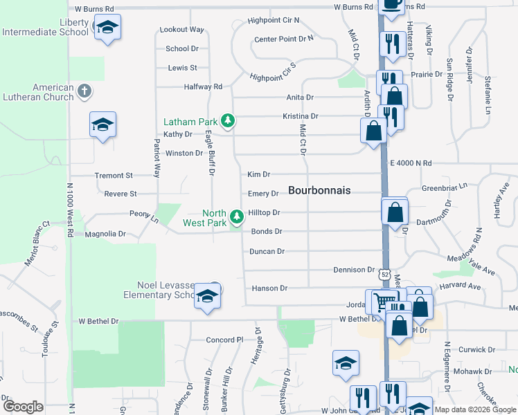 map of restaurants, bars, coffee shops, grocery stores, and more near 54 Hilltop Drive in Bourbonnais