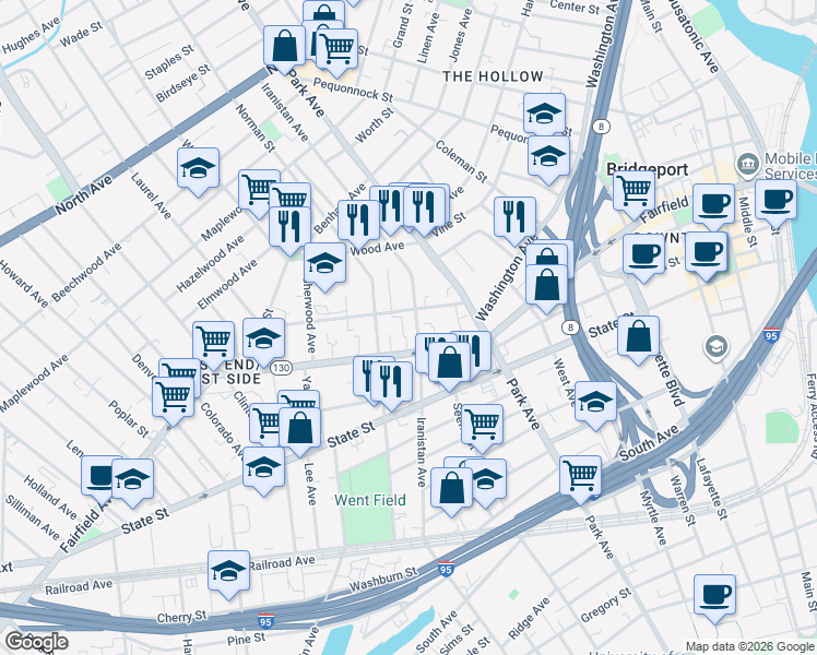 map of restaurants, bars, coffee shops, grocery stores, and more near 1059 Iranistan Avenue in Bridgeport