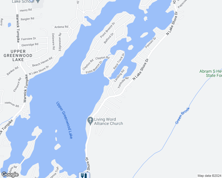 map of restaurants, bars, coffee shops, grocery stores, and more near 16 Landing Road in West Milford