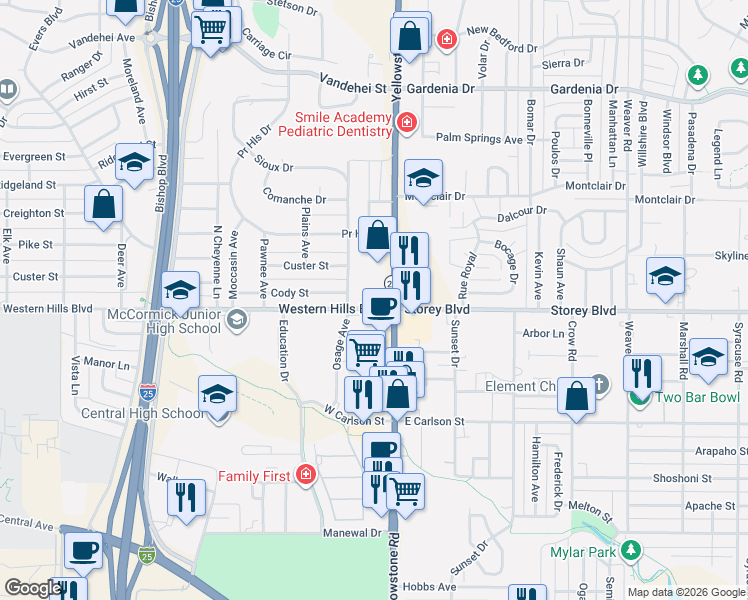 map of restaurants, bars, coffee shops, grocery stores, and more near 114 Western Hills Boulevard in Cheyenne