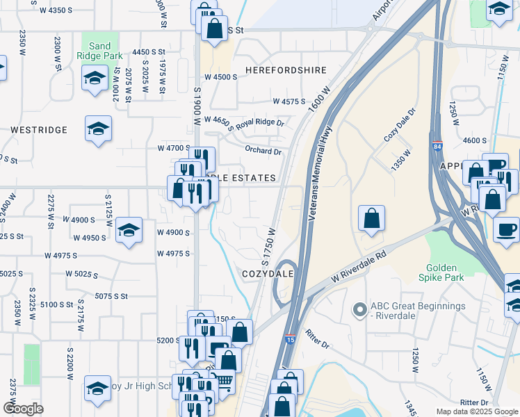 map of restaurants, bars, coffee shops, grocery stores, and more near 4584 1750 West Street in Roy