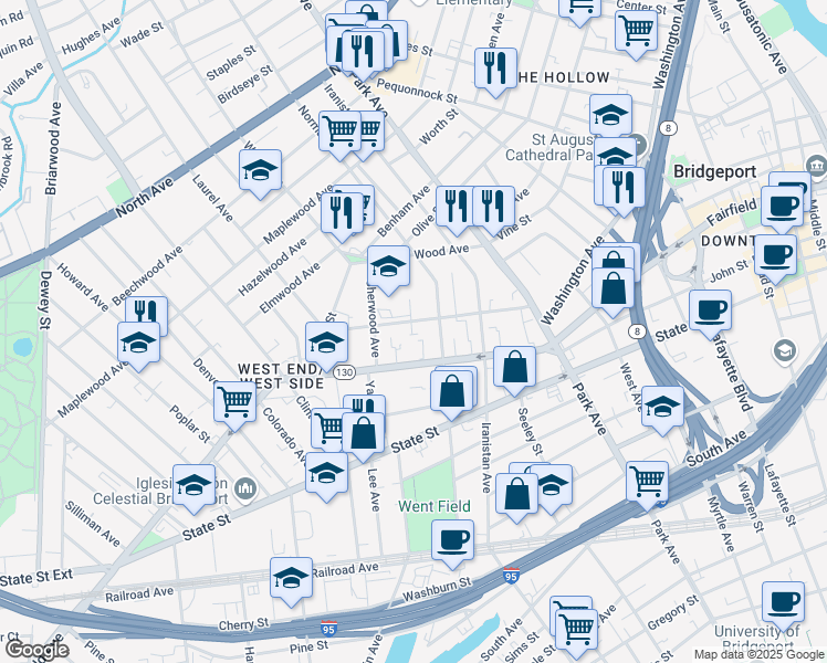 map of restaurants, bars, coffee shops, grocery stores, and more near 1046 Fairfield Avenue in Bridgeport