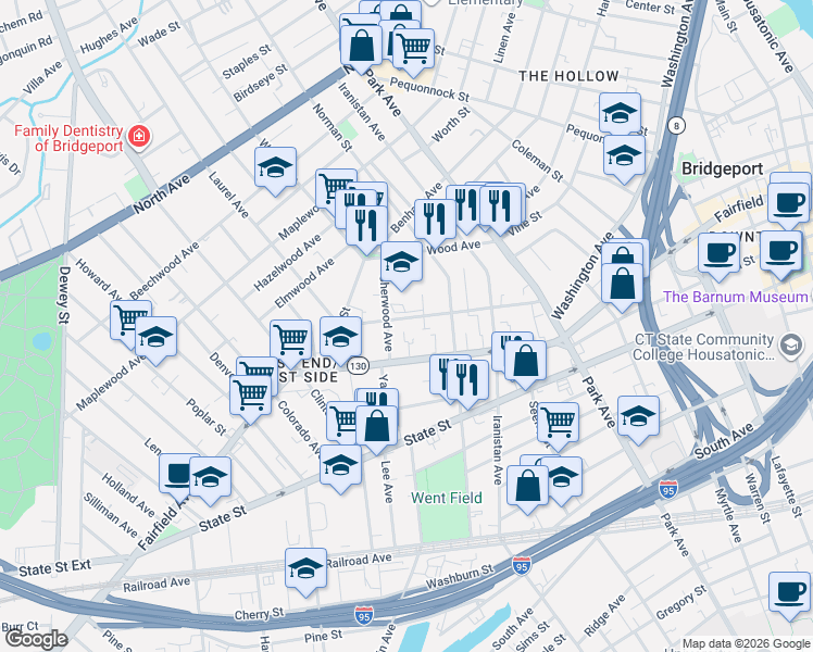 map of restaurants, bars, coffee shops, grocery stores, and more near 1046 Fairfield Avenue in Bridgeport