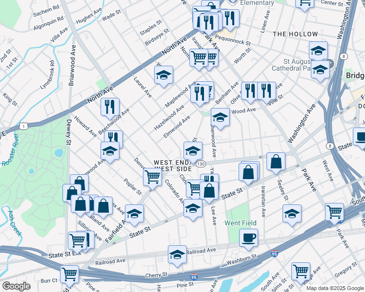 map of restaurants, bars, coffee shops, grocery stores, and more near 91 Elmwood Place in Bridgeport