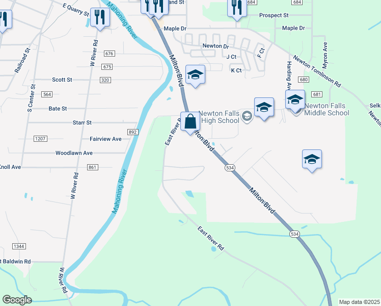 map of restaurants, bars, coffee shops, grocery stores, and more near 2200 Milton Boulevard in Newton Falls