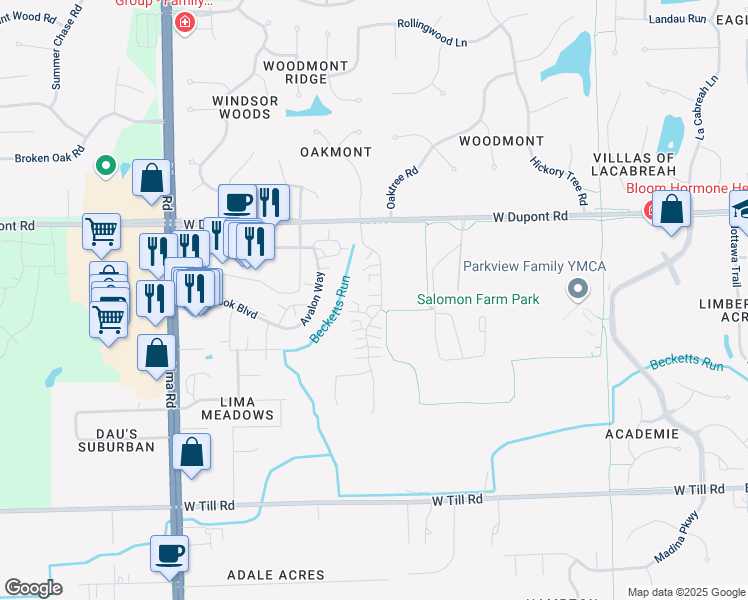 map of restaurants, bars, coffee shops, grocery stores, and more near 10017 Oak Trail Road in Fort Wayne