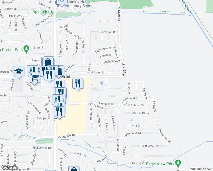 map of restaurants, bars, coffee shops, grocery stores, and more near 6705 Giles Road in Papillion