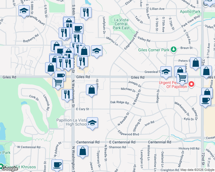 map of restaurants, bars, coffee shops, grocery stores, and more near 1302 Edgewood Boulevard in Papillion