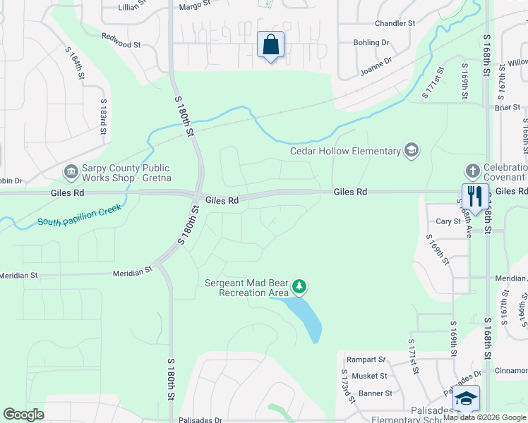map of restaurants, bars, coffee shops, grocery stores, and more near 17393-17999 West Giles Road in Omaha