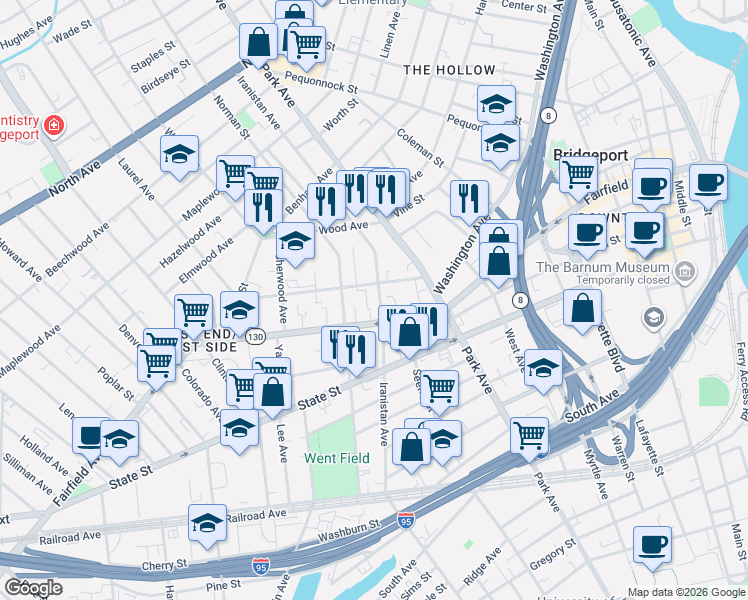 map of restaurants, bars, coffee shops, grocery stores, and more near 1071 Iranistan Avenue in Bridgeport