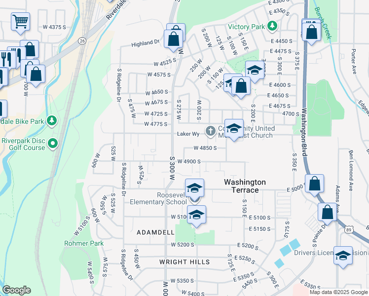 map of restaurants, bars, coffee shops, grocery stores, and more near West 4850 South in Washington Terrace