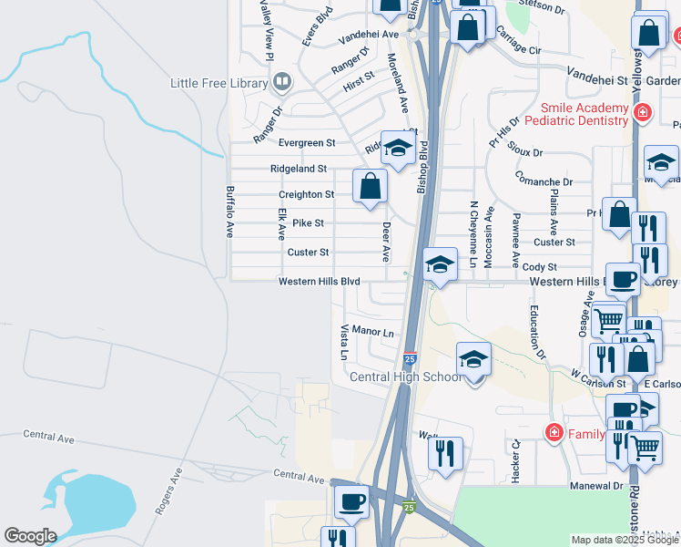 map of restaurants, bars, coffee shops, grocery stores, and more near 748 Western Hills Boulevard in Cheyenne