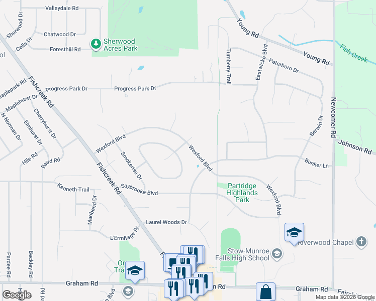 map of restaurants, bars, coffee shops, grocery stores, and more near 2879 Williamsburg Circle in Stow