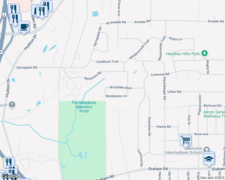 map of restaurants, bars, coffee shops, grocery stores, and more near 1451 Wimbledon Circle in Stow