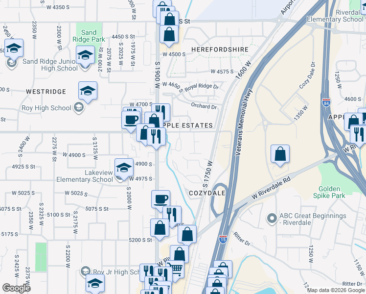 map of restaurants, bars, coffee shops, grocery stores, and more near 4824 South 1800 West in Roy