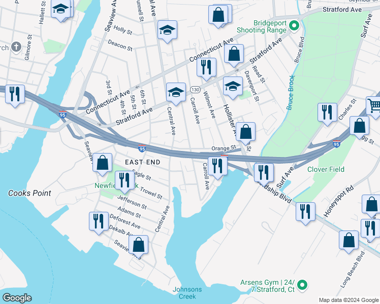 map of restaurants, bars, coffee shops, grocery stores, and more near 121 Union Avenue in Bridgeport