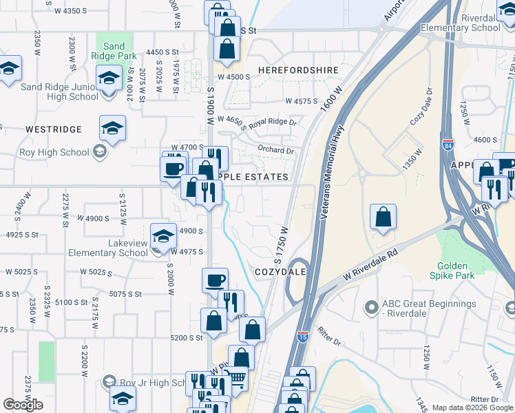 map of restaurants, bars, coffee shops, grocery stores, and more near 1775 West 4800 South in Roy