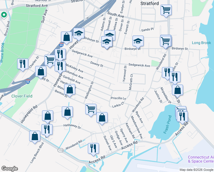 map of restaurants, bars, coffee shops, grocery stores, and more near 395 Columbus Avenue in Stratford
