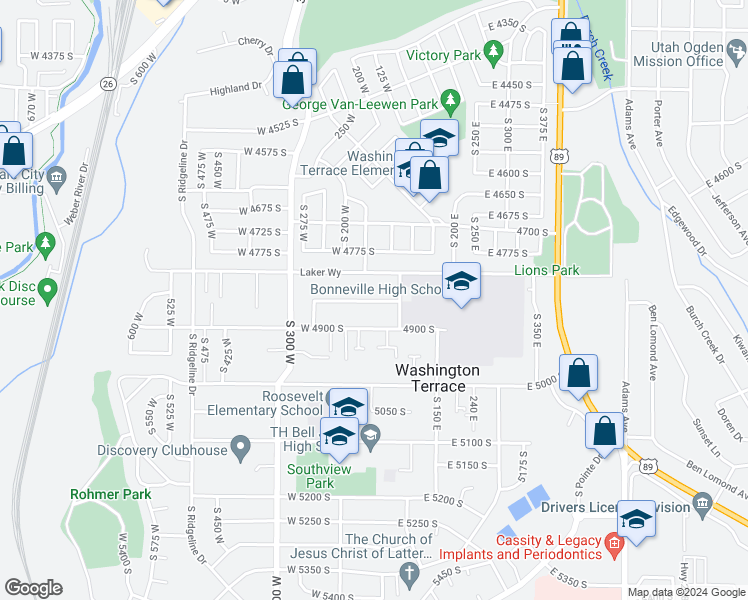 map of restaurants, bars, coffee shops, grocery stores, and more near 159 West 4850 South in Washington Terrace