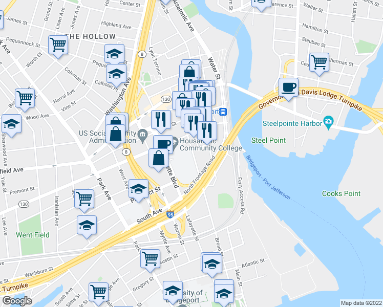 map of restaurants, bars, coffee shops, grocery stores, and more near 875 Broad Street in Bridgeport