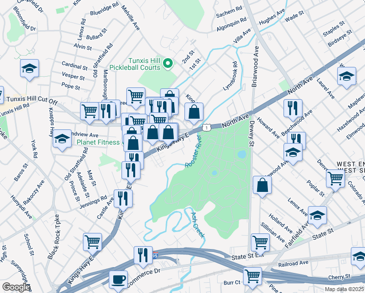 map of restaurants, bars, coffee shops, grocery stores, and more near 36 Mason Street in Fairfield