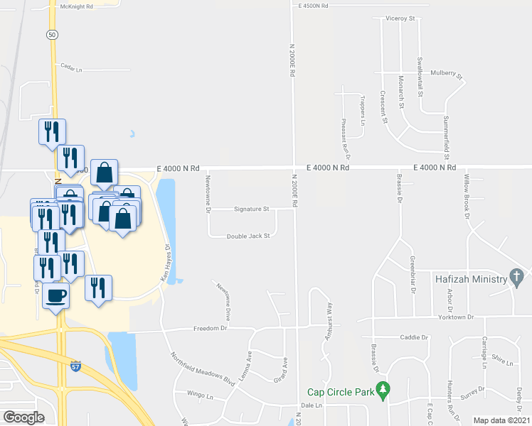 map of restaurants, bars, coffee shops, grocery stores, and more near 605-611 Double Jack Street in Bourbonnais