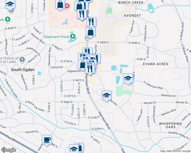 map of restaurants, bars, coffee shops, grocery stores, and more near 4821 Old Post Road in Ogden