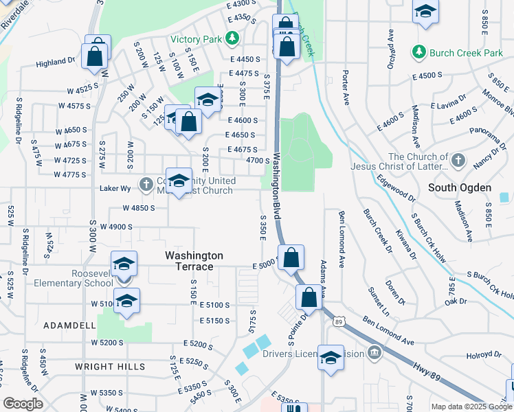 map of restaurants, bars, coffee shops, grocery stores, and more near 4860 South 350 East in Washington Terrace