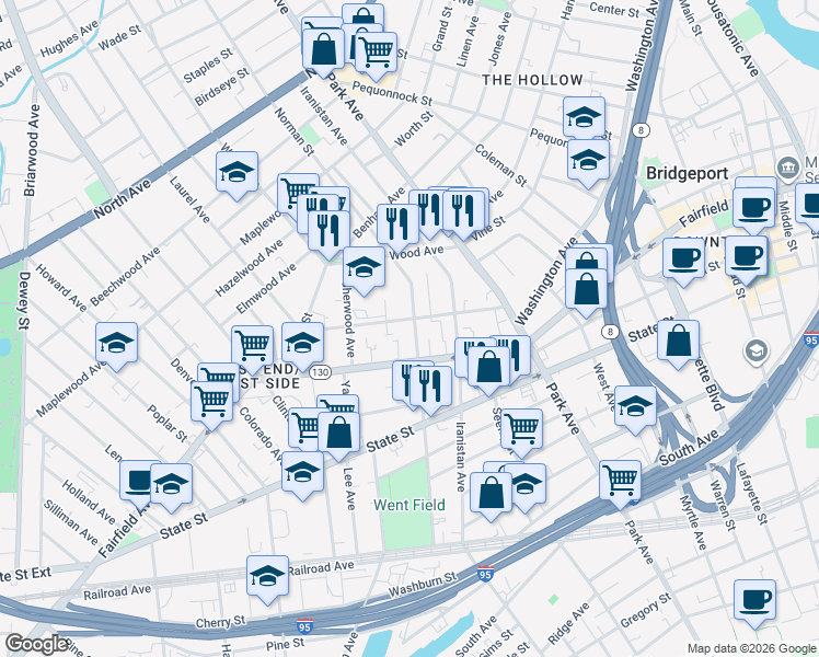 map of restaurants, bars, coffee shops, grocery stores, and more near 447 Norman Street in Bridgeport