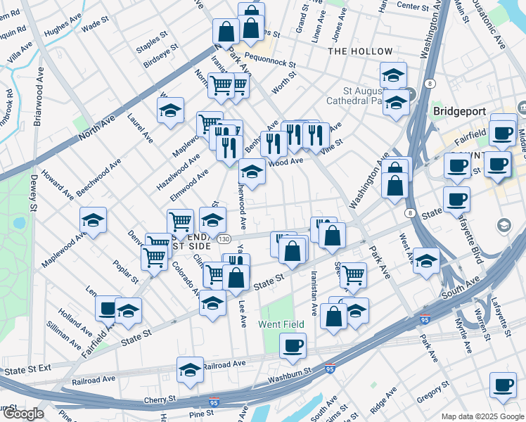 map of restaurants, bars, coffee shops, grocery stores, and more near 1046 Fairfield Avenue in Bridgeport