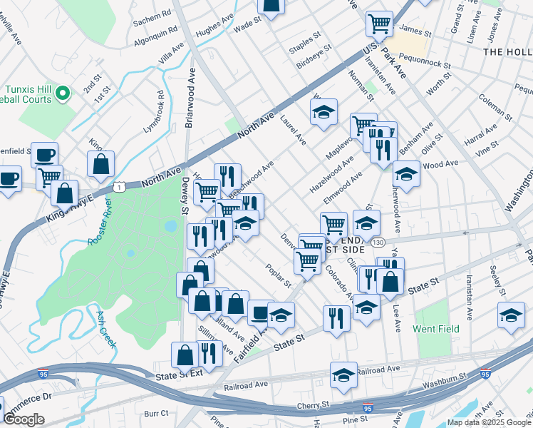 map of restaurants, bars, coffee shops, grocery stores, and more near 225 Denver Avenue in Bridgeport