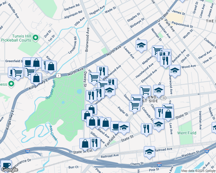 map of restaurants, bars, coffee shops, grocery stores, and more near 814 Maplewood Avenue in Bridgeport