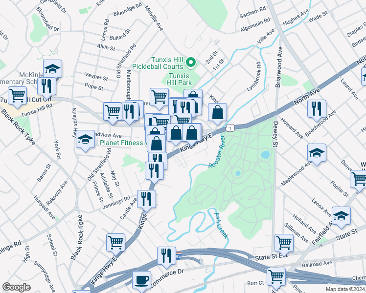 map of restaurants, bars, coffee shops, grocery stores, and more near 278 Kings Highway Cutoff in Fairfield