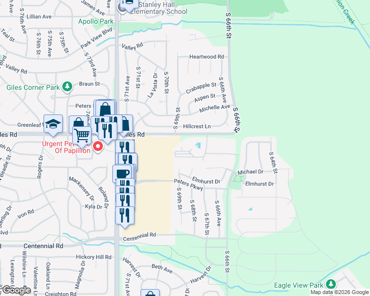 map of restaurants, bars, coffee shops, grocery stores, and more near 6601-6853 Giles Road in La Vista